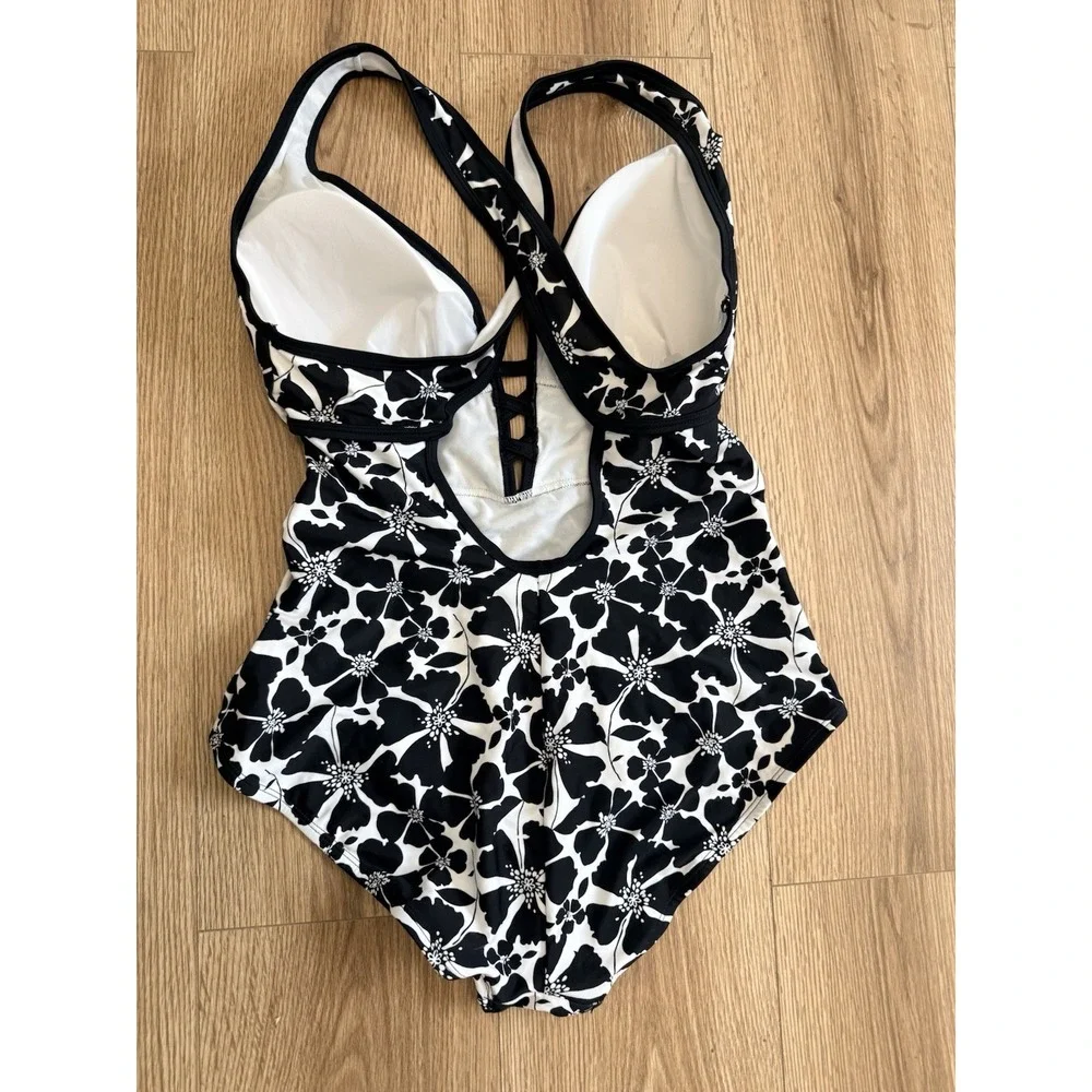 Adore Me Womens One Piece Swimsuit Black White Floral Lace Up Plunge V-Neck NWT